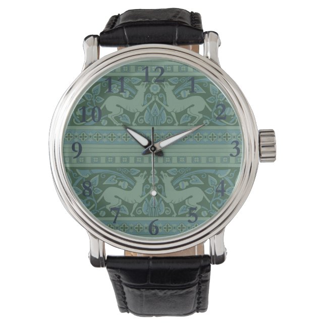Art Deco Nouveau Hund Natur Tiermuster Armbanduhr (Vorderseite)