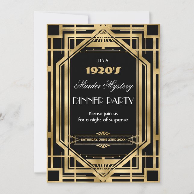 Art Deco Nouveau Mystery Party Gold Black Einladung (Vorderseite)