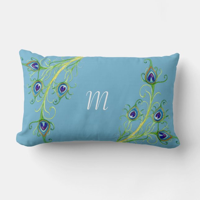 Art Deco Nouveau Peacock Feathers Swirl Lendenkissen (Vorderseite)
