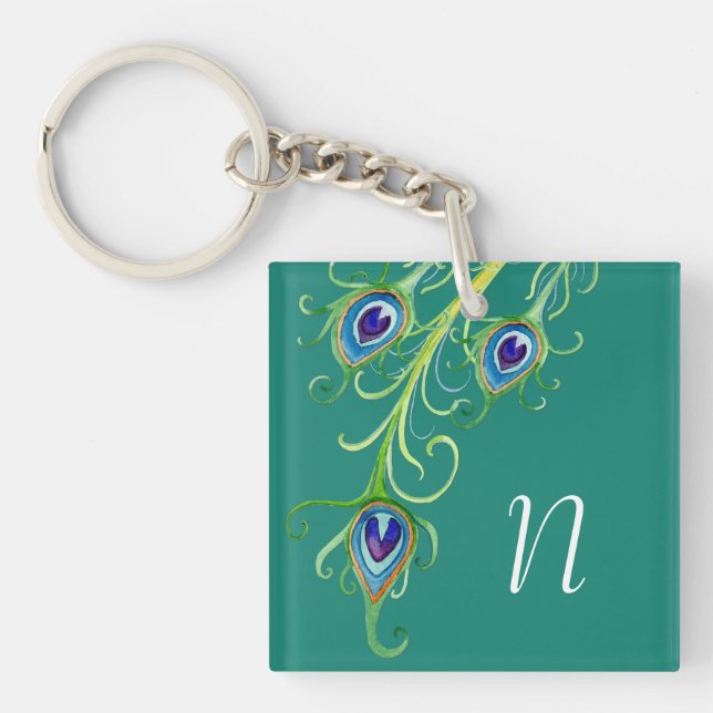 Art Deco Nouveau Peacock Feathers Swirl Schlüsselanhänger (Vorderseite)