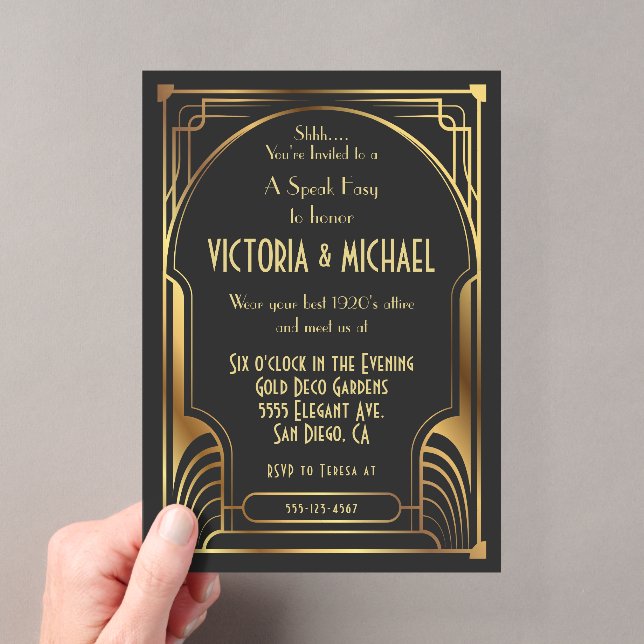 Art Deco Nouveau Speak Easy Party Gold & Black Acryleinladungen (Insitu (Handheld))