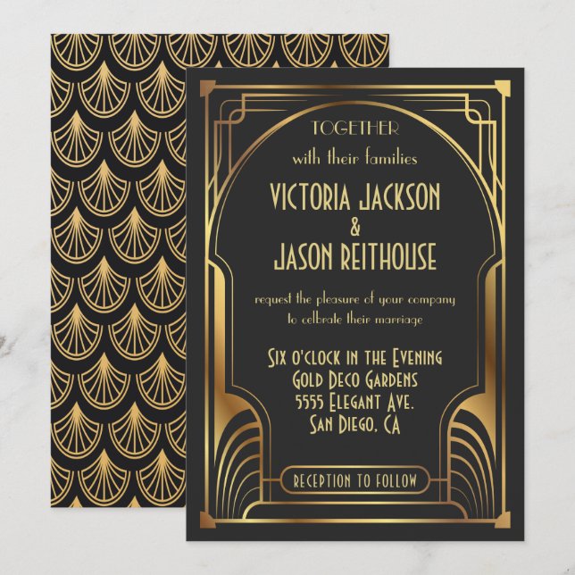 Art Deco Nouveau Wedding Gold & Black Wedding Einladung (Vorne/Hinten)
