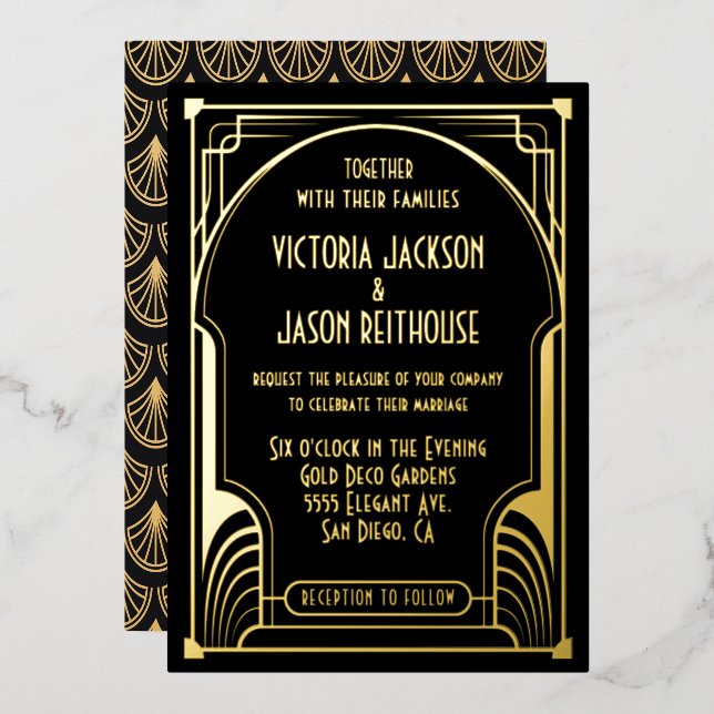 Art Deco Nouveau Wedding Gold & Black Wedding Folieneinladung (Vorderseite/Rückseite)