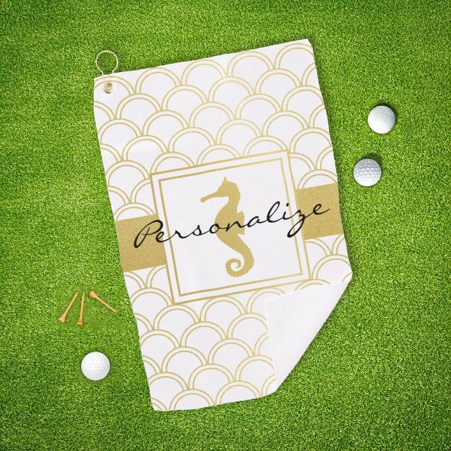 Art Deco Ocean Wave Muster Gold Glitzer Seepferd Golfhandtuch (Von Creator hochgeladen)