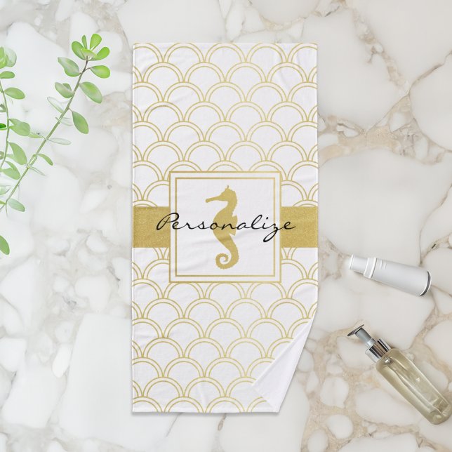 Art Deco Ocean Wave Patten Gold Glitzer Seepferd Badhandtuch Set (Von Creator hochgeladen)