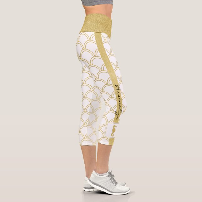 Art Deco Ocean Wave Patten Gold Glitzer Seepferd Capri Leggings (Rechts)