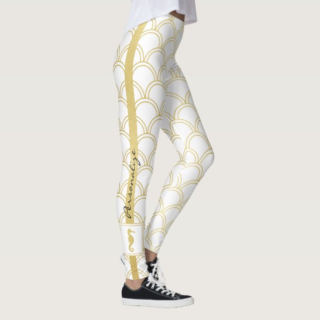 Art Deco Ocean Wave Patten Gold Glitzer Seepferd Leggings (Rechts)