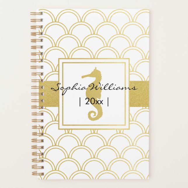 Art Deco Ocean Wave Patten Gold Glitzer Seepferd Planer (Vorderseite)
