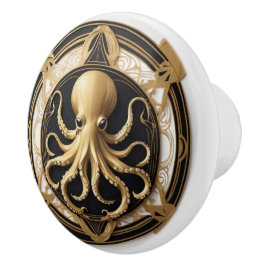 Art Deco Octopus Schwarz-weiß Gold Nautic Keramikknauf
