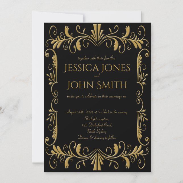 Art déco or noir élégant mariage invitation (Devant)
