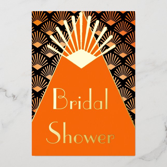 Art Deco Orange Black Gold Brautparty Folieneinladung (Vorderseite)
