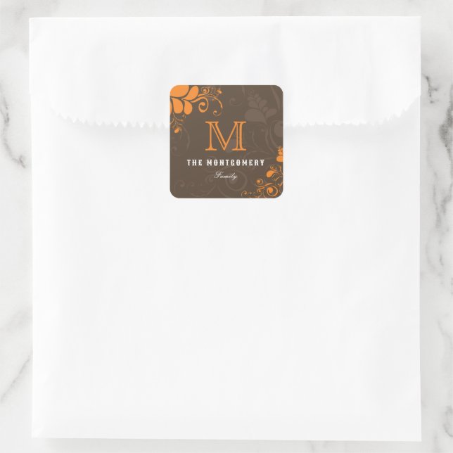 Art Deco Orange Wirbel Monogram Erntedank Party Quadratischer Aufkleber (Tasche)