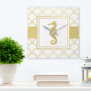 Art Deco Ozeanwelle Gold Seepferdchen Strandhaus Quadratische Wanduhr