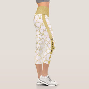 Art Deco Ozeanwellen-Muster Gold Glitter Seepferdc Capri Leggings
