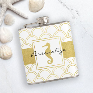 Art Deco Ozeanwellen-Muster Gold Glitter Seepferdc Flachmann