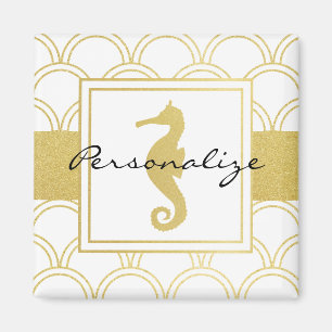 Art Deco Ozeanwellen-Muster Gold Glitter Seepferdc Magnet