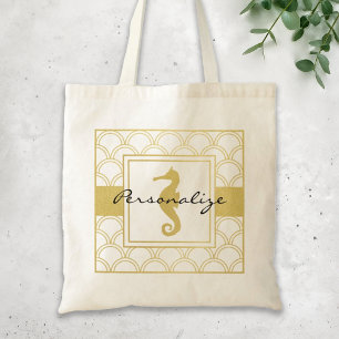 Art Deco Ozeanwellen-Muster Gold Glitter Seepferdc Tragetasche