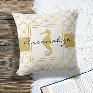Art Deco-Ozeanwellenmuster Gold Glitter Seepferdch Kissen