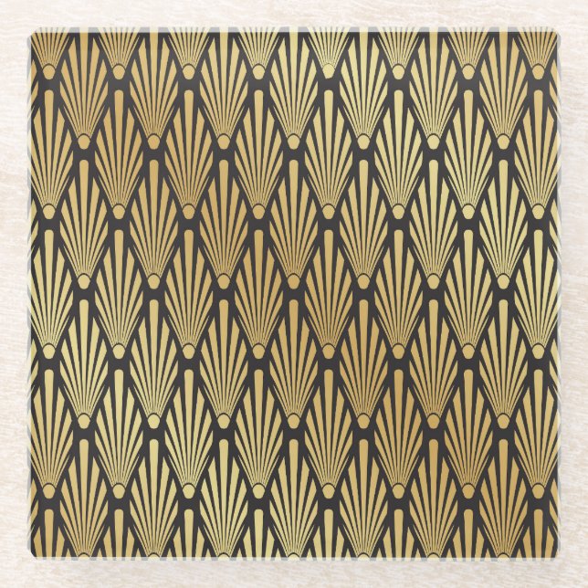 Art Deco Palms: Schwarzes Gold. Glasuntersetzer (Vorderseite)