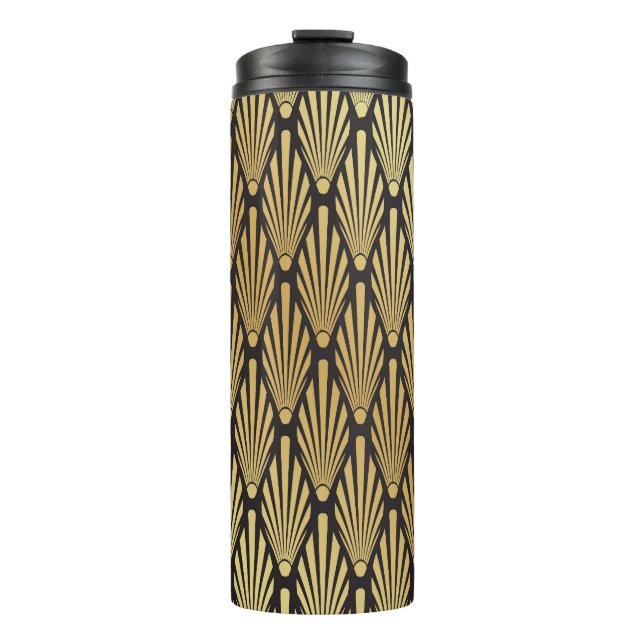 Art Deco Palms: Schwarzes Gold. Thermosbecher (Vorderseite)