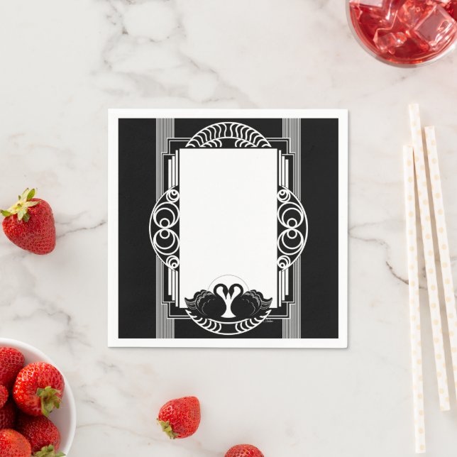 Art Deco Pariser Schwarz-Weiß-Schwäne Serviette (Beispiel)