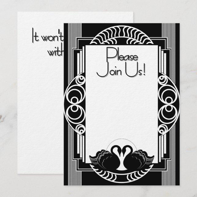 Art Deco Parisian Black and White Swans Einladung (Vorne/Hinten)