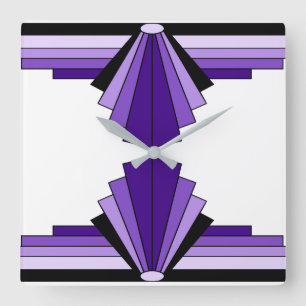 Art Deco Pattern in Purples and Black Quadratische Wanduhr