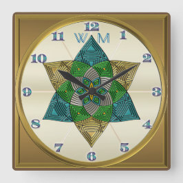 Art Deco Peacock Feather Inspired Mandala Monogram Quadratische Wanduhr