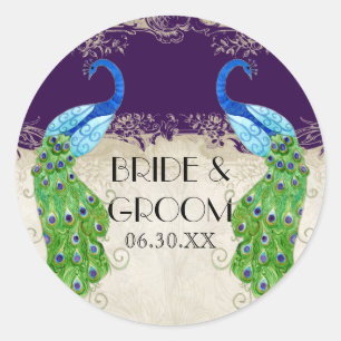 Art Deco Peacock Gaben Tags Siegel Dunkel Lila Runder Aufkleber