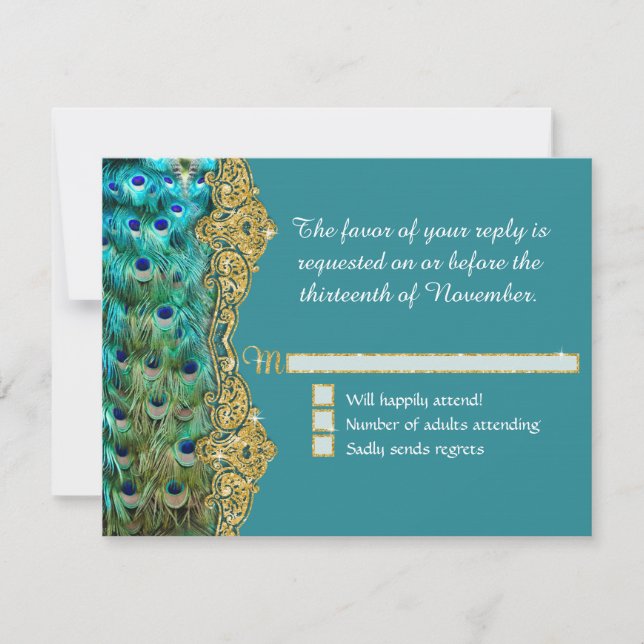 Art Deco Peacock Glam Old Hollywood Wedding RSVP Karte (Vorderseite)