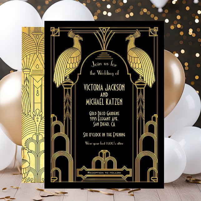 Art Deco Peacock Gold & Black Wedding Einladung (Von Creator hochgeladen)