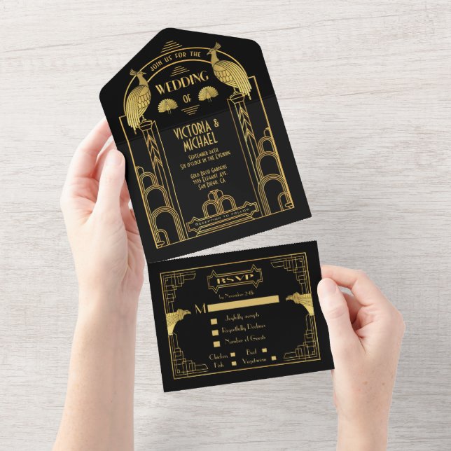 Art Déco Peacock Gold & Black Wedding Invitations (Déchirure)