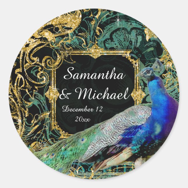 Art Deco Peacock Gold Glitzer Old Hollywood Gatsby Runder Aufkleber (Vorderseite)