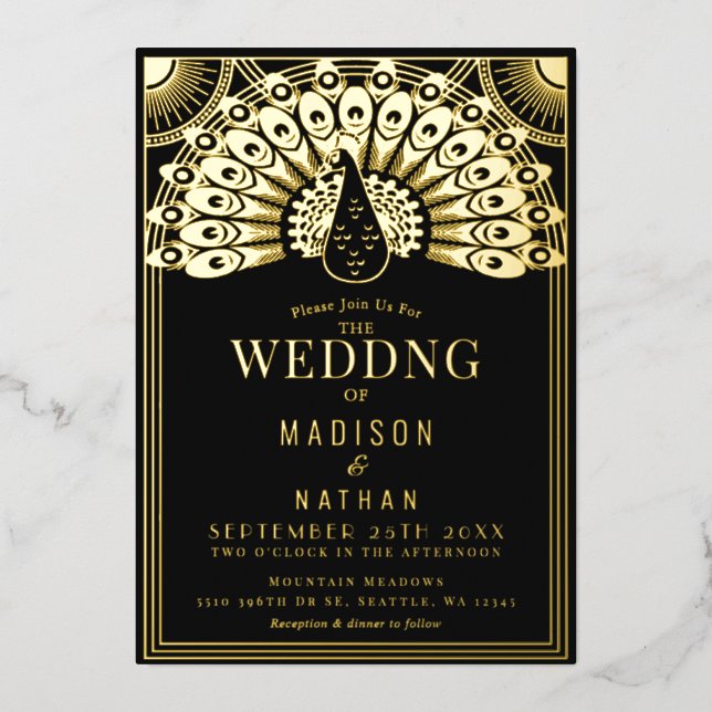 Art Déco Peacock Mariage Foil Invitation (Recto)