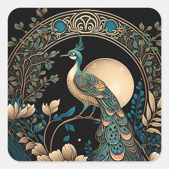 Art Deco Peacock Quadratischer Aufkleber (Vorderseite)