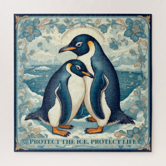 Art Deco Penguin Ice Bird Couple Floral Snow Ocean