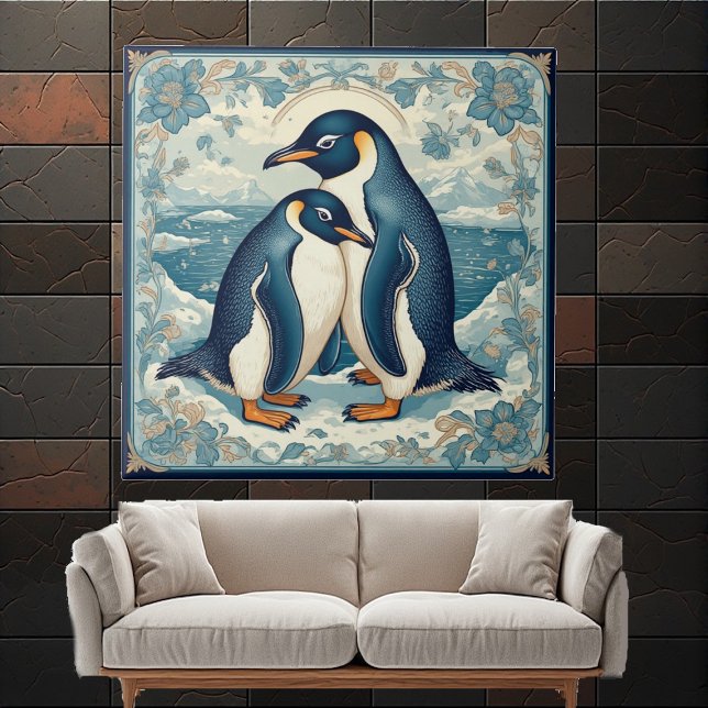 Art Deco Penguin Ice Bird Couple Snow Ocean Floral Fliese (Art Deco Penguin Ice Bird Couple Snow Ocean Floral Ceramic Tile)