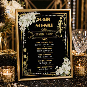 Art Deco Perlen Weiße Blumen Gatsby 20er Bar Menü Poster