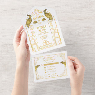 Art Deco Pfau Gold & Weiß Hochzeits Einladungen