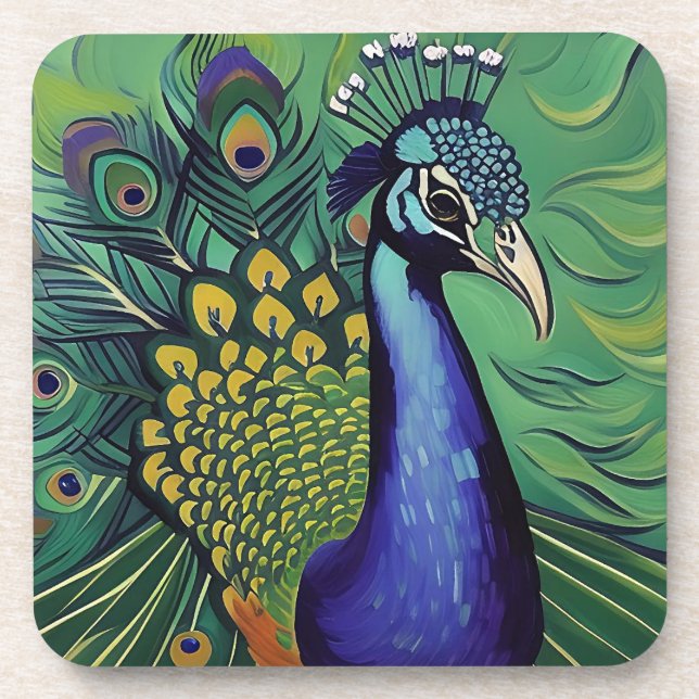 Art Deco Pfau-Unterlegersatz Getränkeuntersetzer (Vorderseite)