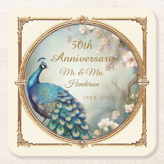 Art Deco Pfaue Blume Elegante 50 Jahre Rechteckiger Pappuntersetzer (Vorderseite)