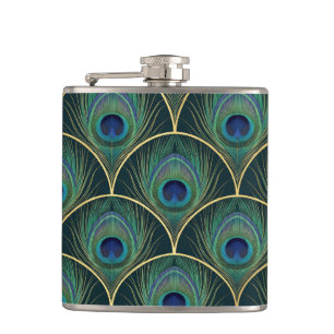 Art Deco Pfauenfeder-Muster in Türkis und Gold Flachmann