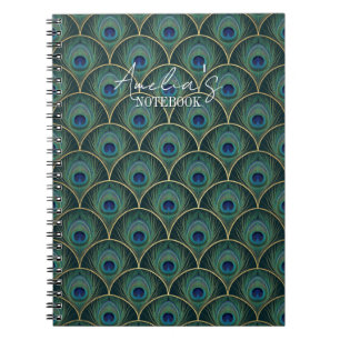 Art Deco Pfauenfeder-Muster in Türkis und Gold Notizblock