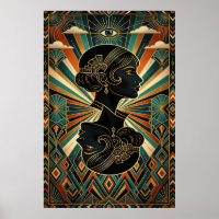Art Deco Pfauenfeder Tänzer Gold Türkis Poster