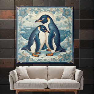 Art Deco Pinguin Eis Vogel Paar Schnee Ozean Flora Fliese