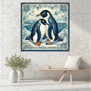 Art Deco Pinguin Eis Vogel Paar Schnee Ozean Flora Fotodruck