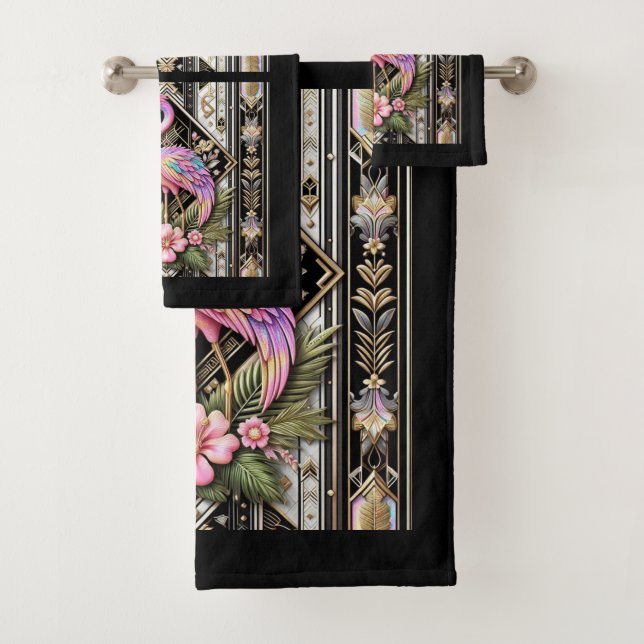 Art Deco Pink and Rainbow Flamingo  Badhandtuch Set (Insitu)