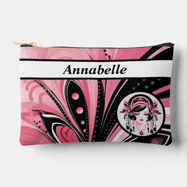 Art Déco Pink Beaded Girl Print Cut Sac à coudre (Recto)