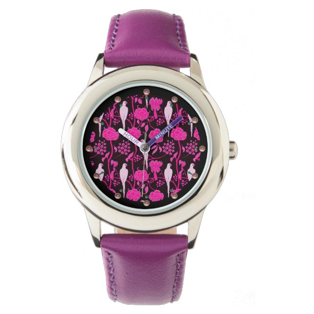 ART DECO PINK BLUME, WEISSE TEILE AUF SCHWARZ ARMBANDUHR (Vorderseite)