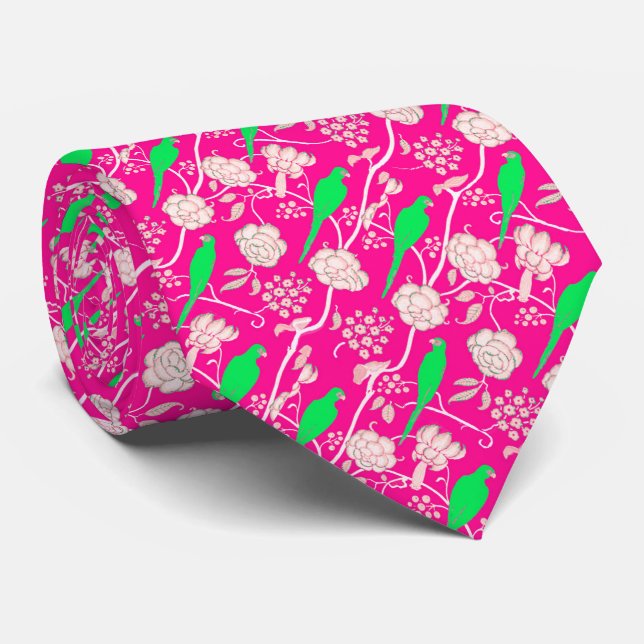 ART DECO PINK WEISSE BLUME MIT GRÜNEN PARROTS KRAWATTE (Gerollt)